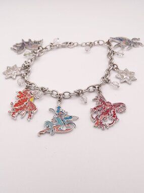 Rhinestone Enamel Silver Tone Fairy Charm Bracelet 8"